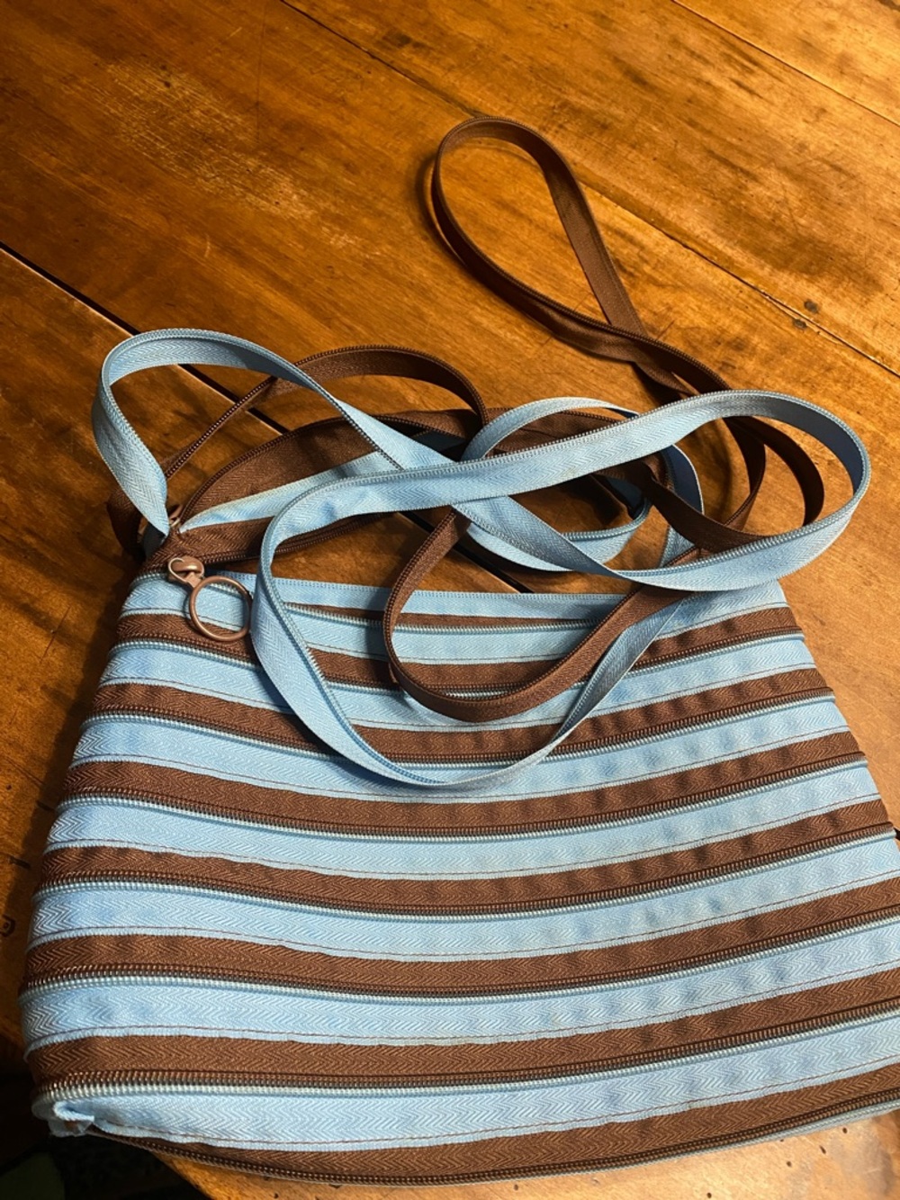 ZIP IT striped  Blue and Brown Women’s Shoulder Bag Made with a ZIPPER
